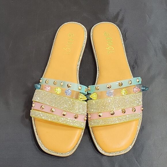 BRAND NEW ROUGE  STUDDED RHINESTONES EMBELLISHMENTS SLIDE SANDAL - Picture 3 of 14